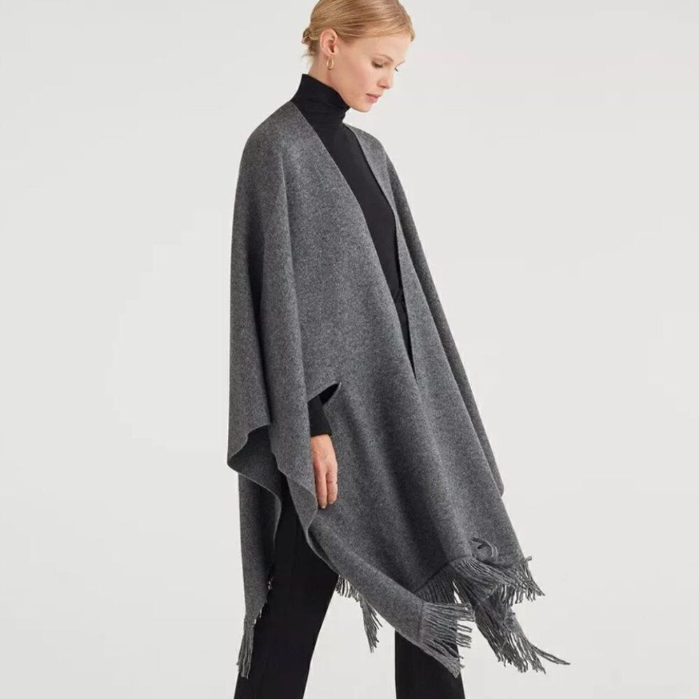 7 For All Mankind Dark Gray Cashmere Wool Blend Fringe Poncho Wrap Cozy Luxe NWT